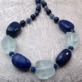 unusual handcrafted chunky bead statement jewellery necklace, large chunky blue beads