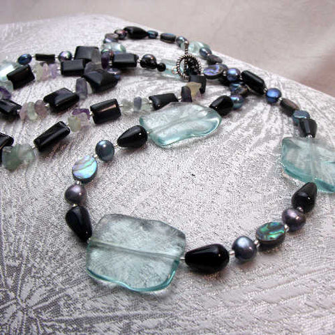 Long semi-precious bead necklace unique, handmade statement necklace A97