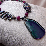 unique unusual long chunky statement necklace with chunky agate pendant