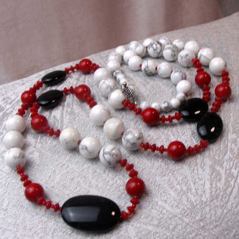 Long semi-precious bead necklace, long handmade semi-precious necklace B8