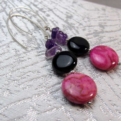 Unique statement earrings, long drop semi-precious bead statement earrings B22