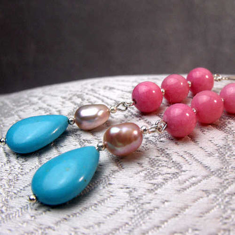 Long Statement Earrings, Long Semi-Precious Bead Earrings, Teardrop Bead B24