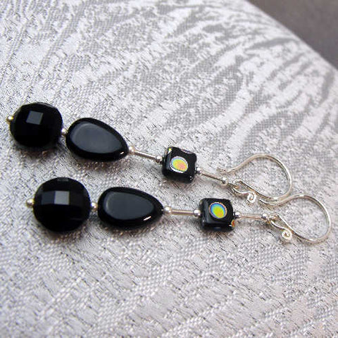 Black semi-precious bead earrings, handmade jewellery B32