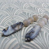 long semi-precious stone earrings, long drop grey earrings