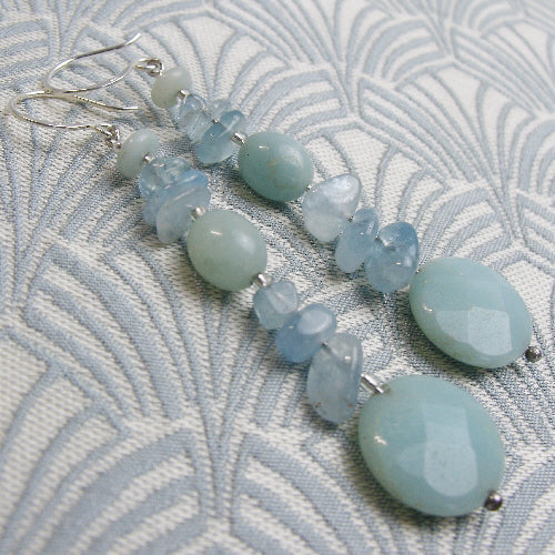 long drop semi-precious stone earrings uk, blue earrings long, blue jewellery, long drop earrings