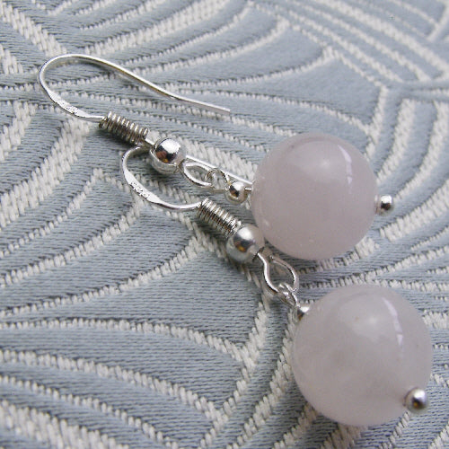 rose quartz short drop earrings, handmade drop earrings uk, semi-precious earrings drop design