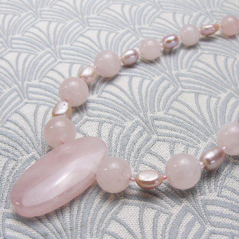 Pink handmade semi-precious stone necklace, rose quartz necklace, handcrafted necklace CC14