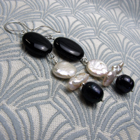 Long black drop earrings, black long handmade earrings  CC23