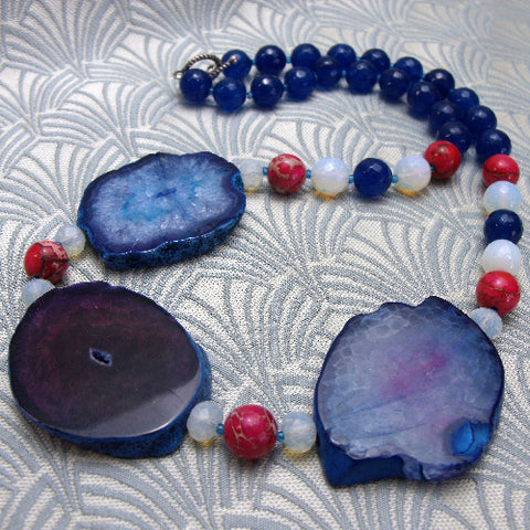 Chunky blue necklace, handmade semi-precious stone necklace, agate gemstone necklace  CC19