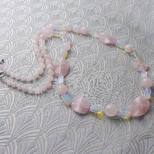 long rose quartz necklace, pink handmade jewellery, long pink handmade necklace