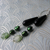 long green black statement earrings, handcrafted earrings, semi-precious gemstone drop statement earrings