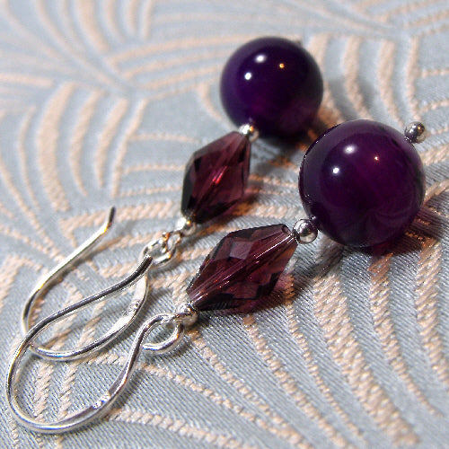 short purple earrings uk, short drop semi-precious agate earrings, unique handmade jewellery sale