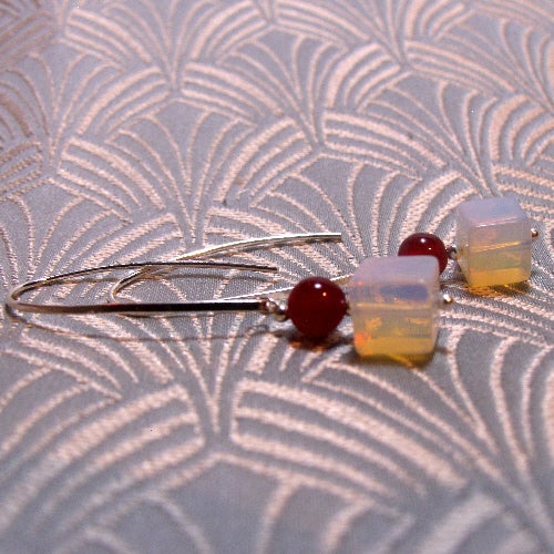 long opal quartz earrings, long drop earrings, long handcrafted drop earrings. long semi-precious stone earrings uk