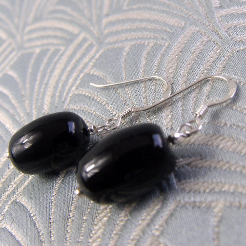 short drop earrings black onyx, small drop earrings black, semi-precious stone earrings (A152)