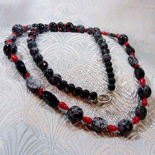 handmade necklace, obsidian long semi-precious unique necklace