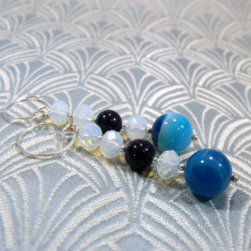 blue semi-precious stone jewellery, blue long drop earrings, handmade jewellery sale uk