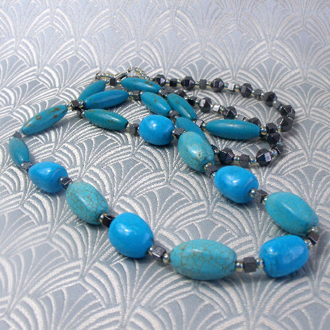 Long semi-precious stone necklace, chunky turquoise necklace, long chunky necklace (A196)