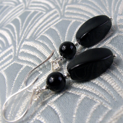 black earrings, semi-precious drop earrings, semi-precious handmade jewellery