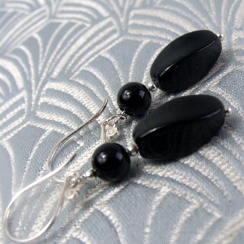 Black semi-precious stone earrings UK, handcrafted drop earrings, black onyx earrings (A176)