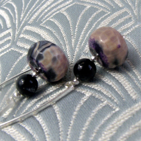 Long semi-precious stone earrings, long drop agate earrings handmade purple gemstones (A179)