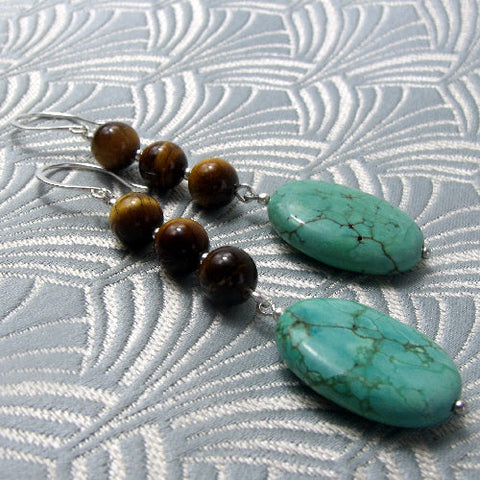 handmade long turquoise earrings UK, long semi-precious stone earrings, long drop earrings  (STE16)