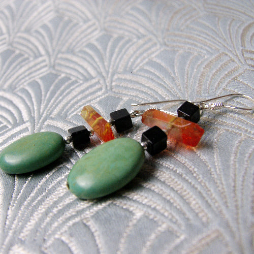 long turquoise earrings, long semi-precious stone earrings, gemstone handcrafted drop earrings