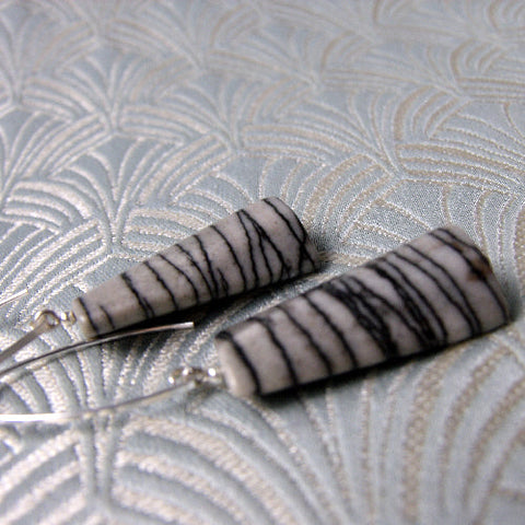 Grey jasper long drop earrings, grey jasper long semi-precious gemstone earrings handmade UK (A196)