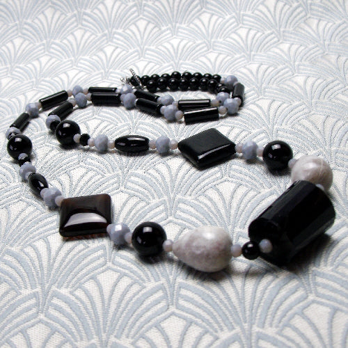 long black grey necklace, black grey jewellery, handmade jasper jewellery, unique jasper necklace uk