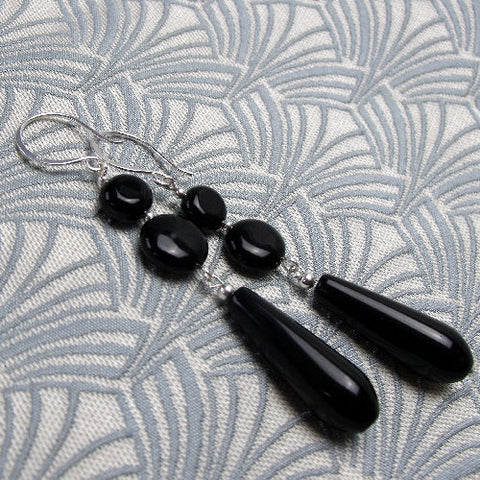 Long drop black earrings UK, long drop handmade earrings, semi-precious earrings A201