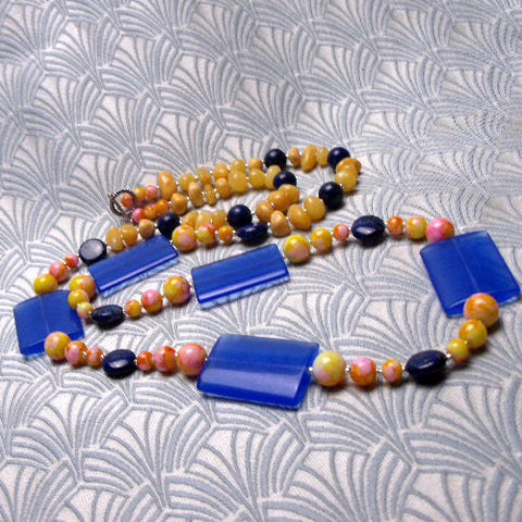 Long handmade necklace, blue long semi-precious necklace A225