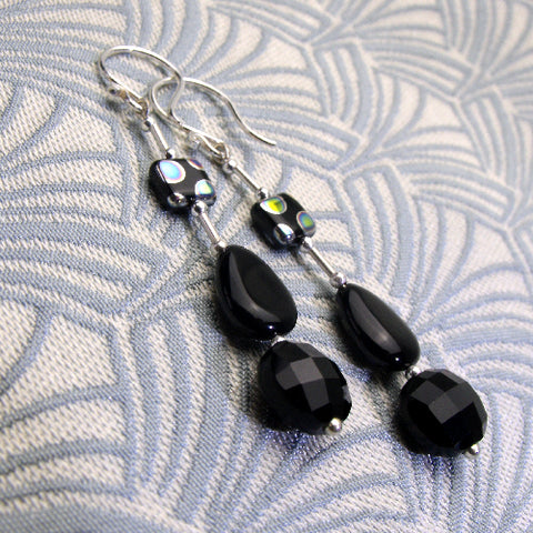 Black onyx earrings, semi-precious stone drop earrings, black handcrafted earrings BB02