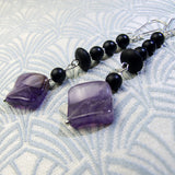 long purple statement earrings, long drop earrings uk, long amethyst earrings, long semi-precious gemstone drop earrings uk