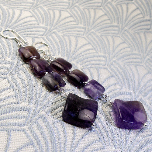 long purple earrings, long semi-precious stone earrings, long drop handmade earrings