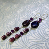 long purple earrings, long semi-precious gemstone earrings, long drop handmade earrings uk