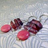 pink statement earrings, pink semi-precious stone earrings, long handmade statement earrings uk