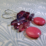 long statement earrings with pink gemstone beads and sterling silver