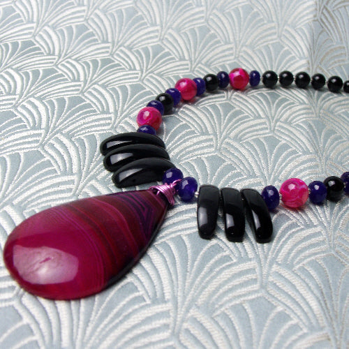 pink black semi-precious stone necklace uk, handcrafted semi-precious gemstone necklace with a pendant