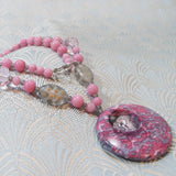 gemstone pendant necklace, grey pink beads