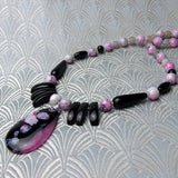 agate pendant necklace, black pink agate gemstone pendant necklace