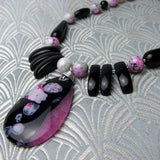 black pink agate pendant, semi-precious stone jewellery uk