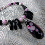 agate pendant necklace, gemstone necklace black pink gemstone pendant