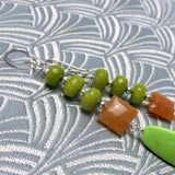 long drop semi-precious earrings, long statement earrings green in colour