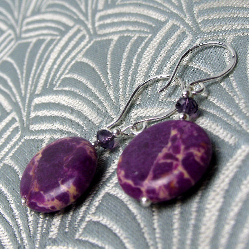 purple earrings uk, semi-precious earrings uk, unique purple handmade earrings uk, handmade drop earrings, unique earrings handmade drop design