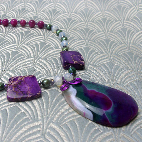 Handmade pendant necklace, purple semi-precious stone pendant necklace, agate necklace BB46