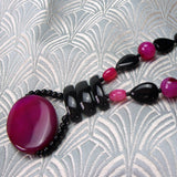 long pink agate black onyx semi-precious stone necklace uk