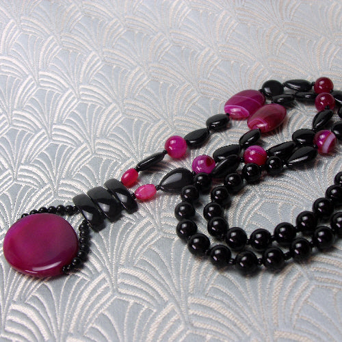long black pink necklace, unique handmade jewellery, long handcrafted necklace