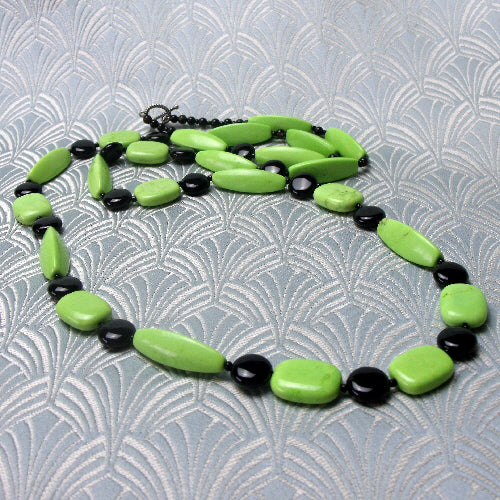 long black green necklace, long handmade necklace, handmade jewellery