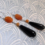 long orange black dangle earrings, long handmade earrings