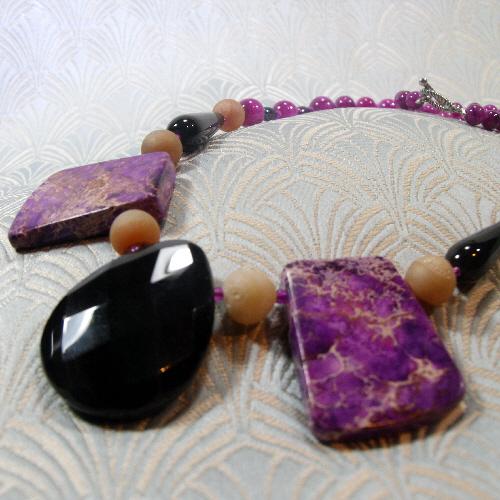 black purple statement necklace, unique handmade statement necklace gemstone chunky beads