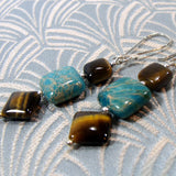 jasper earrings, tigers eye earrings, handmade jewellery sale, blue brown earrings
